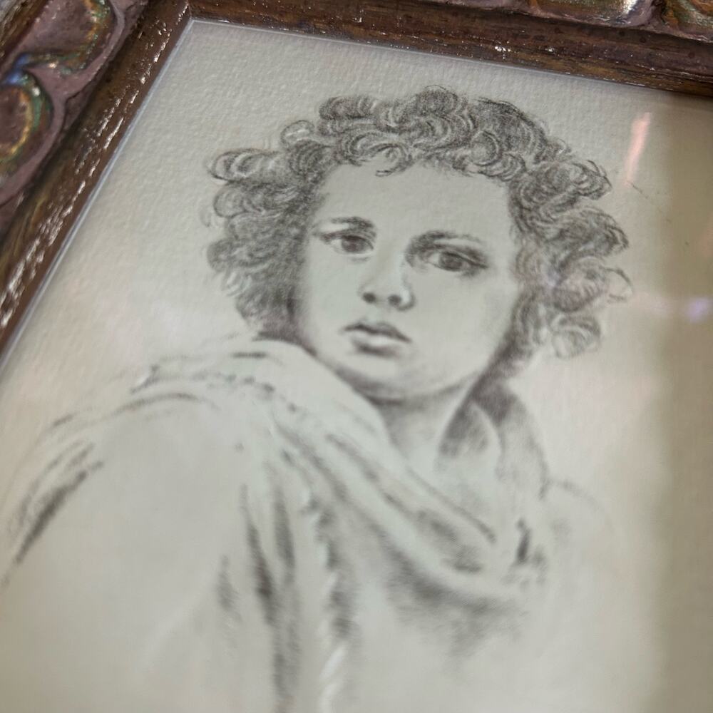 Vintage The Divine Shepherd by Bartolomé Esteban Murillo Framed Pencil Drawing